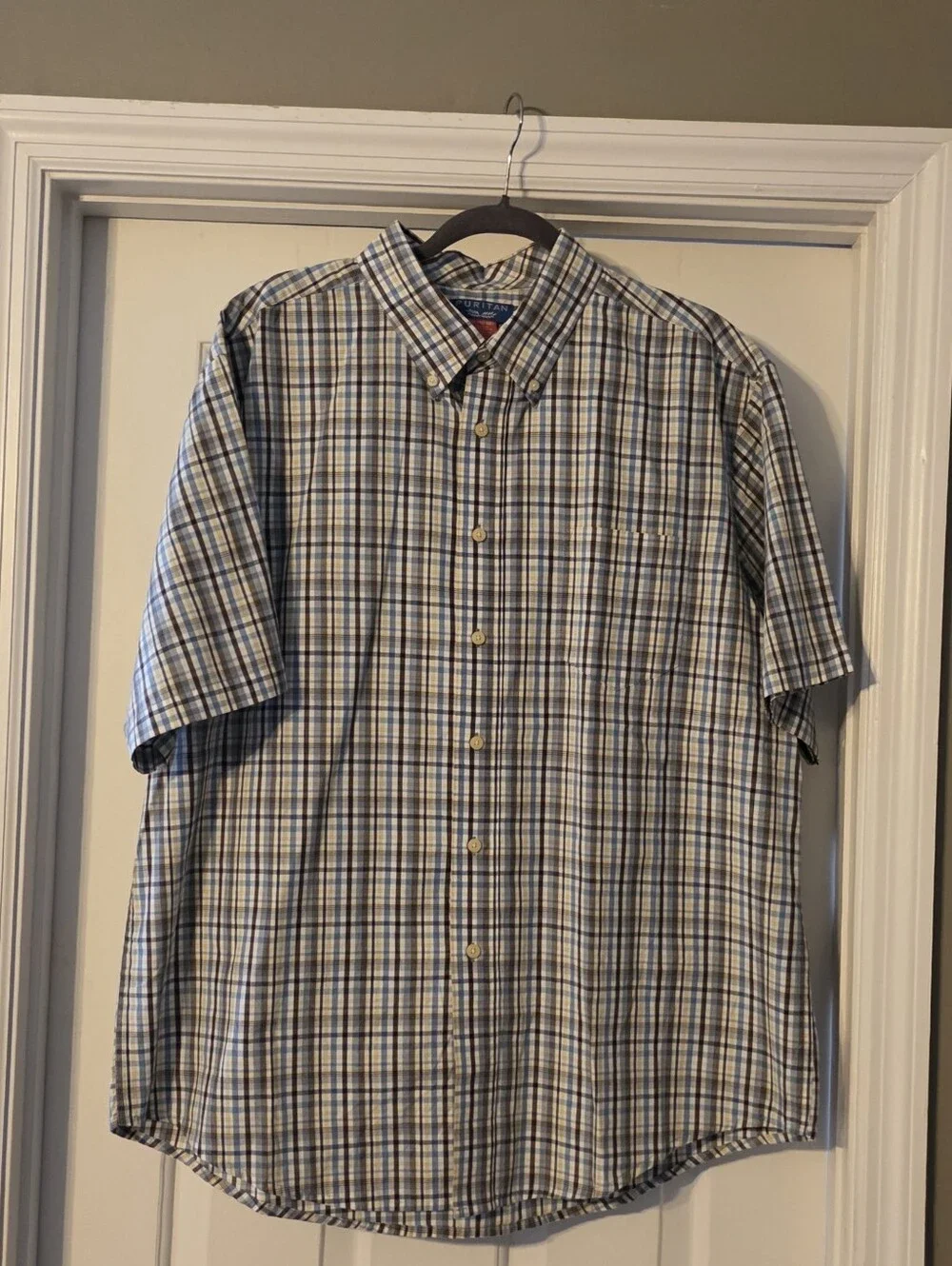 Puritan Short-Sleeve Blue and White Plaid Button-Down Shirt